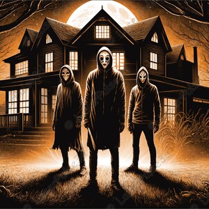 May include: Three figures wearing masks and hooded cloaks stand in front of a dark, two-story house with a full moon in the background. The house has a porch and windows with light shining through them. The figures are standing on a grassy lawn.