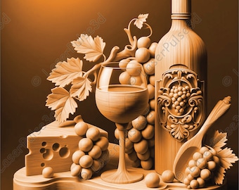 Wine And Cheese Laser Engrave Image | Laser Burn PNG File | 3D Laser Ready File | High Resolution Photo | 3D Illusion Graphics