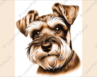 Puede incluir: Un retrato de cerca de un perro schnauzer miniatura marrón y blanco. El perro tiene una expresión seria y su pelaje está recortado.