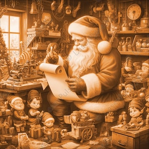 May include: Santa Claus, dressed in red and white, sits in a workshop reading a list. He is surrounded by elves and toys. The workshop is filled with tools and other Christmas decorations.