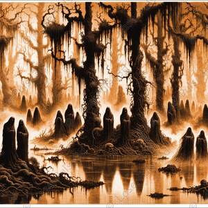 Puede incluir: Una representación artística de una escena de pantano en tonos marrones y naranjas. La imagen presenta árboles nudosos, musgo colgante y figuras con capas con capucha de pie en el agua. Se ven calaveras cerca de la orilla del agua, creando una atmósfera espeluznante.