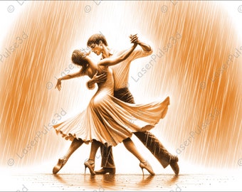 雨の中で踊るカップルのバレンタインレーザー彫刻画像 | レーザー焼き込みPNGファイル | 3Dレーザーファイル | 高解像度写真 | 3Dイリュージョングラフィックス