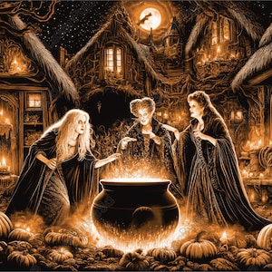 May include: Three witches in black robes stand around a cauldron with glowing orange flames. The witches are casting a spell with their hands over the cauldron. The scene is set in a dark forest with a full moon in the background. There are many pumpkins and candles in the scene.