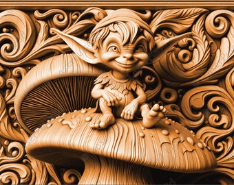 May include: A detailed wood carving featuring a smiling elf seated on a mushroom. The carving is in shades of brown and features intricate floral and scrollwork designs. The elf has pointed ears and is wearing a tunic.