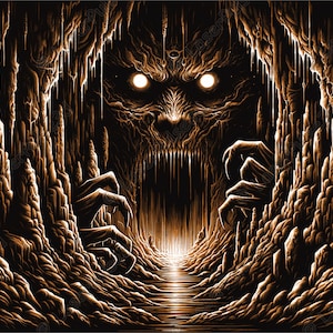 May include: A digital illustration of a monstrous creature with glowing eyes, emerging from a dark cave. The creature has sharp teeth and claws, and its mouth is open in a menacing growl.