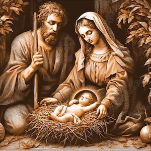 May include: A sepia-toned illustration of the Nativity scene. Mary, Joseph, and the baby Jesus are depicted in a manger with hay. The scene is surrounded by foliage.
