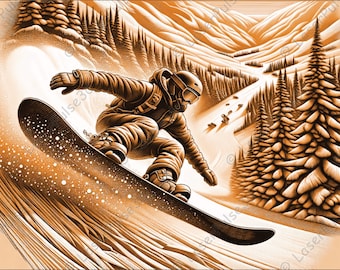 Imagen de grabado láser de montañas de snowboarder, Archivo PNG de grabación láser, Archivo listo para láser 3D, Foto de alta resolución, Gráficos de ilusión 3D