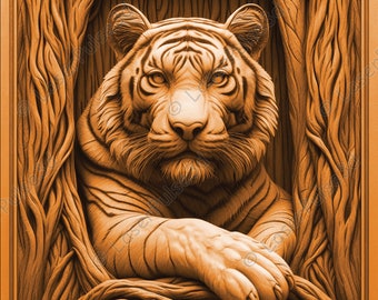 Imagem de gravação a laser de retrato de tigre | Arquivo PNG de gravação a laser | Arquivo pronto para laser 3D | Imagem digital de alta resolução | Gráficos de ilusão 3D