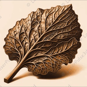 May include: A detailed illustration of a brown leaf with intricate veins and a stem. The leaf is rendered in a realistic style, with a focus on the texture and detail of the veins.