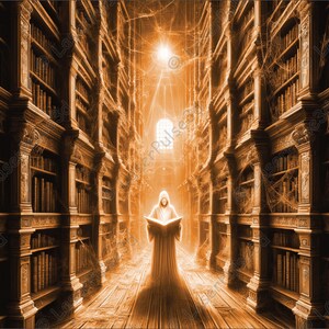 May include: A hooded figure stands in a dimly lit library, holding an open book. The library is filled with bookshelves, and the walls are covered in cobwebs. The figure is illuminated by a bright light coming from the end of the hallway.
