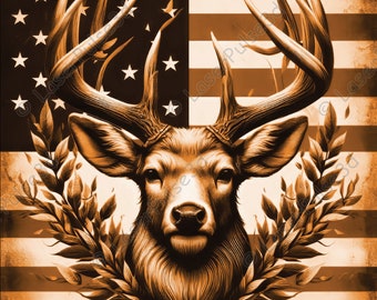May include: A sepia-toned illustration of a deer head with large antlers, framed by a wreath of leaves. The background is a faded American flag.