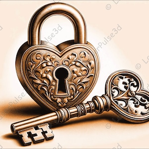 May include: A heart-shaped padlock and key made of gold metal. The padlock has intricate floral designs and the key has a heart-shaped bow.