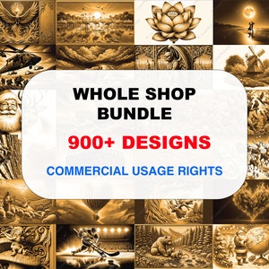 Op de afbeelding: Een collage van afbeeldingen die meer dan 900 houtsnijwerkontwerpen laten zien. De tekst "Whole Shop Bundle 900+ Designs Commercial Usage Rights" wordt in het midden van de afbeelding weergegeven.