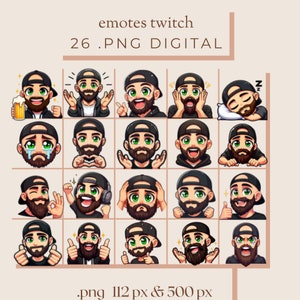 Pode incluir: Um conjunto de 26 emotes digitais do Twitch que apresentam um personagem de desenho animado com barba e diferentes expressões. Os emotes estão no formato PNG e têm 112 pixels e 500 pixels de tamanho.