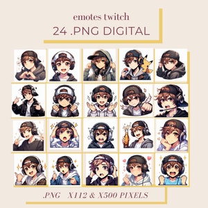 May include: A set of 24 digital Twitch emotes featuring a cartoon character wearing a variety of expressions and accessories. The emotes are in PNG format and are 112 x 500 pixels.