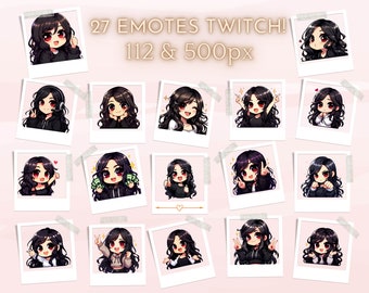 Twitch emotes, black hair girl, brunette girl, red eyes, tiktok emotes, whatsapp emotes, anime emotes, discord emotes