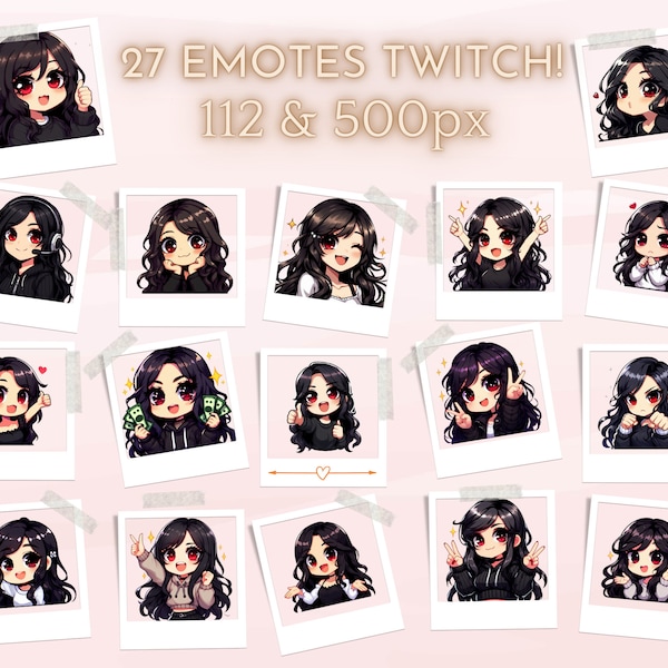 Twitch emotes, black hair girl, brunette girl, red eyes, tiktok emotes, whatsapp emotes, anime emotes, discord emotes