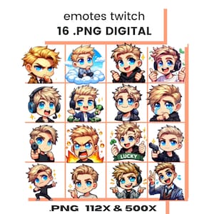 Può includere: Set di 16 emote Twitch digitali con un personaggio dei cartoni animati con capelli biondi e occhi blu in varie pose ed espressioni. Le emote sono in formato PNG e sono disponibili nelle dimensioni 112x e 500x.