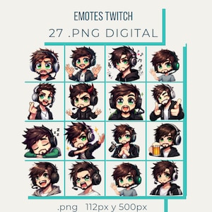 Pode incluir: Um conjunto de 27 emotes digitais do Twitch que apresentam um personagem de desenho animado com cabelo castanho, olhos verdes e fones de ouvido. O personagem é mostrado em várias poses e expressões, incluindo sorrindo, piscando, dormindo e bebendo cerveja. Os emotes têm 112 pixels por 500 pixels.
