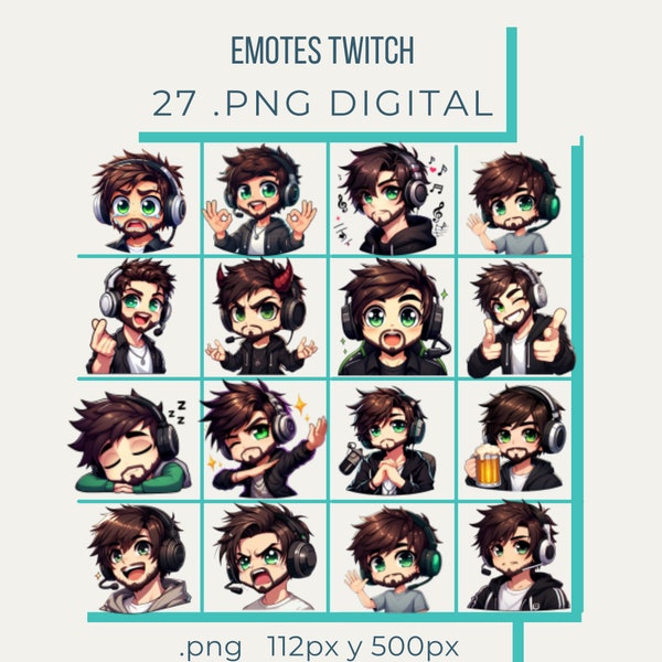 Brown Hair Guy with Beard emotes Twitch, discord, youtube. Chibi twitch emotes boy