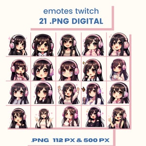 Twitch エモート、黒髪の女の子、ブルネットの女の子、tiktok エモート、whatsapp エモート、アニメ エモート、discord エモート、ピンクのヘッドフォン付き