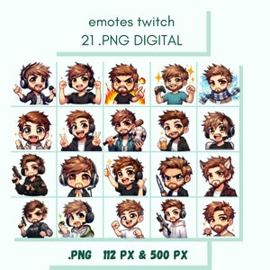 May include: A collection of 21 digital PNG emotes for Twitch, featuring a cartoon character with brown hair and a beard in various poses. The emotes include the text "emotes twitch 21.PNG DIGITAL" and the sizes .PNG 112 PX & 500 PX.