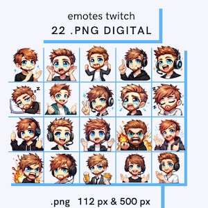 Pode incluir: Um conjunto de 22 emotes digitais PNG para Twitch, apresentando um personagem de desenho animado com cabelo castanho e olhos azuis. Os emotes exibem várias expressões e ações, incluindo aplaudir, chorar e dar um joinha. O texto na imagem diz 'emotes twitch 22 .PNG DIGITAL'.