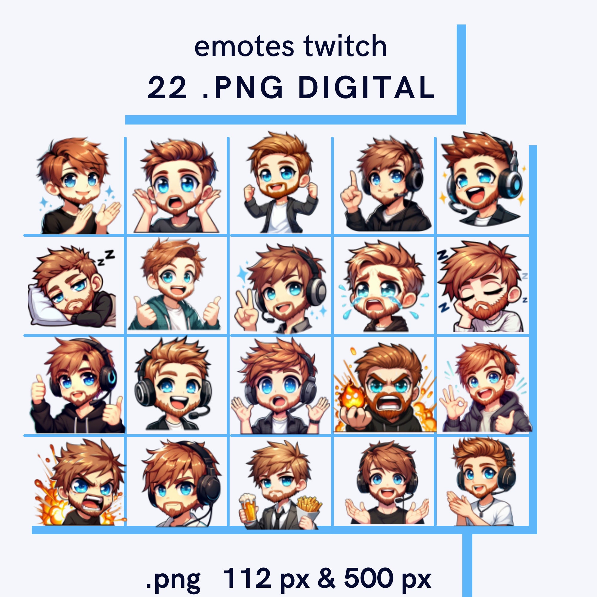 Guy with Beard emotes Twitch, discord, youtube. Chibi twitch emotes boy. Blue eyes and light brown hair