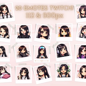 Twitchエモート、黒髪の女の子、ブルネット、tiktokエモート、whatsappエモート、アニメエモート、discordエモート。