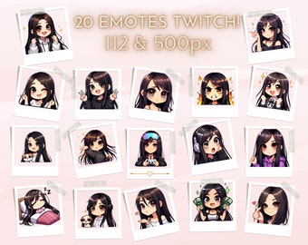 Twitch emotes, black hair girl, brunette, tiktok emotes, whatsapp emotes, anime emotes, discord emotes.