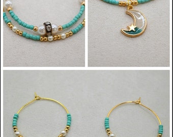 SET turquoise maan en parels