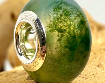 Agate Charm Bead Natural Green Moss Gemstone, Sterling Silver 925 Core, Fits Bracelet