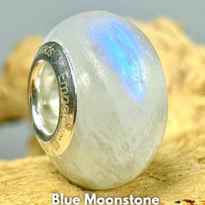 Moonstone Charm Bead Natural Blue Gemstone, Sterling Silver 925 Core, Fits any Bracelet