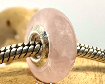 Rose Quartz Charm Bead: Sterling Silver Insert, Brand Bracelet Compatible