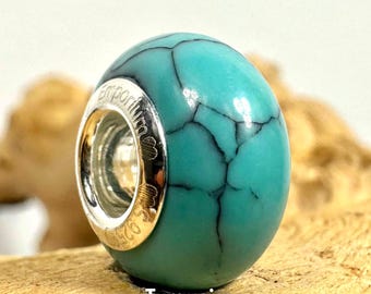 Gemstone Charm Bead Turquoise: Sterling Silver core, fits any Bracelet