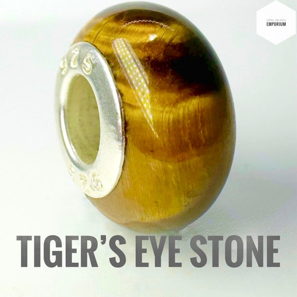 Perle à breloques en pierre naturelle, cristal minéral oeil de tigre, compatible avec brassard Pandora Boulder avec insert en argent sterling 925