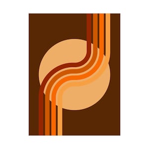May include: Abstract art print featuring a brown background with a large tan circle. Wavy, vertical stripes in shades of brown, orange, and tan cascade down the left side, creating a retro, minimalist design.