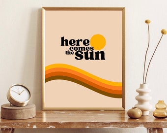 70s poster, here comes the sun, 70s printable, digital download, retro wall art, midcentury modern wall art, 70s decor, 70s wall art