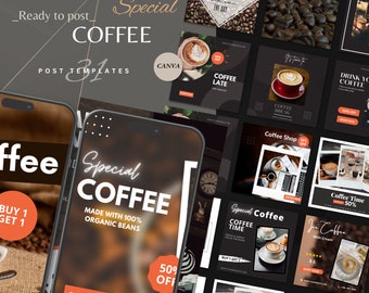 Coffee Template Social Media Kit, Instagram Templates, Facebook Graphics, Digital Marketing, Social Media Planner
