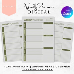 Op de afbeelding: Een afdrukbare weekplanner sjabloon met een groen en grijs kleurenschema. De sjabloon bevat secties voor doelen, prioriteiten en notities. De tekst "Weekly Planner Digital" staat bovenaan de pagina. De tekst "Edit in Canva" staat in een paarse box in de rechterbovenhoek van de pagina.