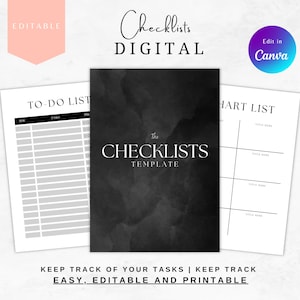 Op de afbeelding: Bewerkbare digitale checklist-sjabloon met een zwart-witte aquarel achtergrond. De tekst "The Checklists Template" staat in wit op een zwarte achtergrond. De sjabloon bevat een to-do lijst en een chart lijst.