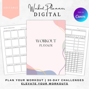 Op de afbeelding: Bewerkbare digitale workout planner met een abstract ontwerp in roze, blauw en goud. De planner bevat een 30-daagse uitdagingstracker en een dagelijks workoutlogboek.