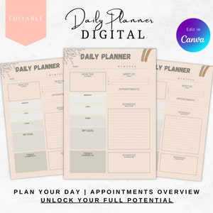 Op de afbeelding: Een digitale dagelijkse planner-sjabloon met een beige achtergrond en bruine accenten. De planner bevat secties voor gezonde gewoonten, taken die moeten worden gedaan, afspraken, schema en een doelsectie. De tekst "Plan je dag | Overzicht van afspraken | Ontgrendel je volledige potentieel" staat onderaan de sjabloon.