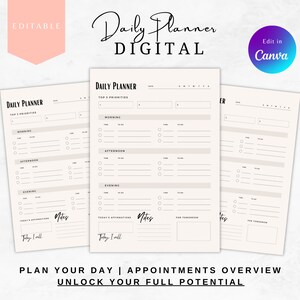 Op de afbeelding: Een printbare dagelijkse planner-sjabloon met een minimalistisch ontwerp. De sjabloon bevat secties voor top prioriteiten, ochtend, middag, avond, notities en de affirmaties van vandaag. De tekst "Daily Planner Digital" staat bovenaan de pagina.