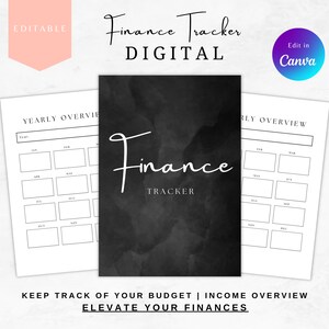 Op de afbeelding: Bewerkbare digitale financiële tracker-sjabloon met een zwarte aquarel achtergrond. De sjabloon bevat een jaaroverzicht met vakjes voor elke maand van het jaar. De tekst "Finance Tracker" is geschreven in wit cursief.