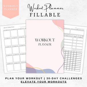 Op de afbeelding: Een printbare workoutplanner met een abstract ontwerp in roze, blauw en goud. De planner bevat een 30-daagse uitdaging en een sectie voor dagelijkse workouts. De tekst "Workout Planner Fillable" staat bovenaan de pagina.