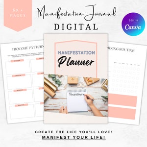 Peut inclure: Un planificateur de journal de manifestation numérique avec un schéma de couleurs rose et blanc. La couverture présente le texte "Planificateur de manifestation" et une photo d'une main écrivant dans un carnet. Le journal comprend des sections pour les schémas de pensée, les routines matinales et la fixation d'objectifs.