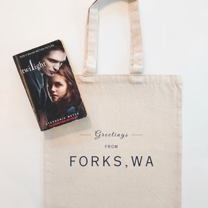 Twilight FORKS, WA Tote Bag | Twilight Saga Merch | Edward Cullen Bella Swan Gift | Halloween Bag | Bookish Gift | Robert Pattinson Bag