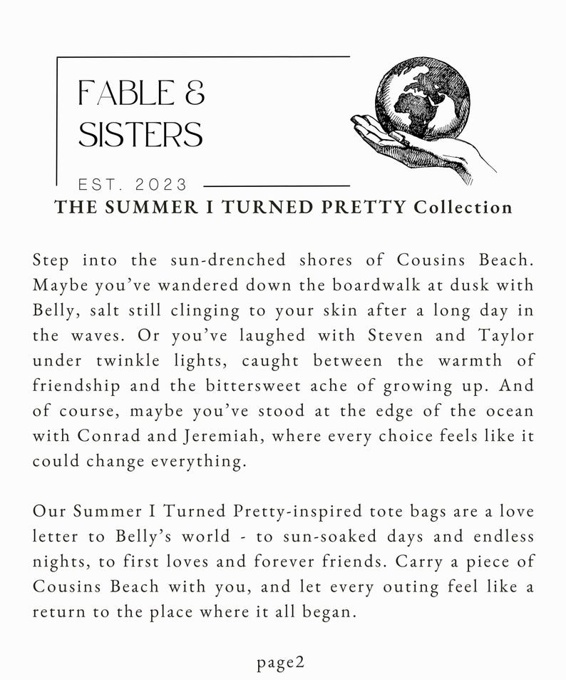 May include: A page from the "Fable & Sisters" brand, featuring text about "The Summer I Turned Pretty Collection." The page includes a logo with a hand holding a globe, and the text "page2."