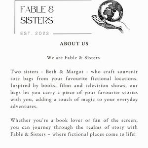 May include: The Fable & Sisters logo, with the text "FABLE & SISTERS EST. 2023" above "ABOUT US". A hand holds a globe illustration. The text describes souvenir tote bags inspired by books, films, and TV shows.